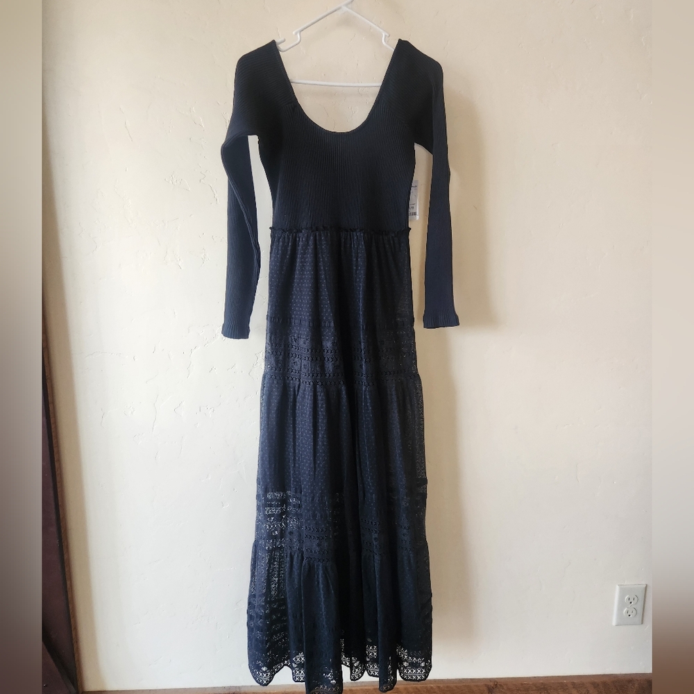 Free People Black Ribbed Bodice Maxi Dress with Lace Tiers